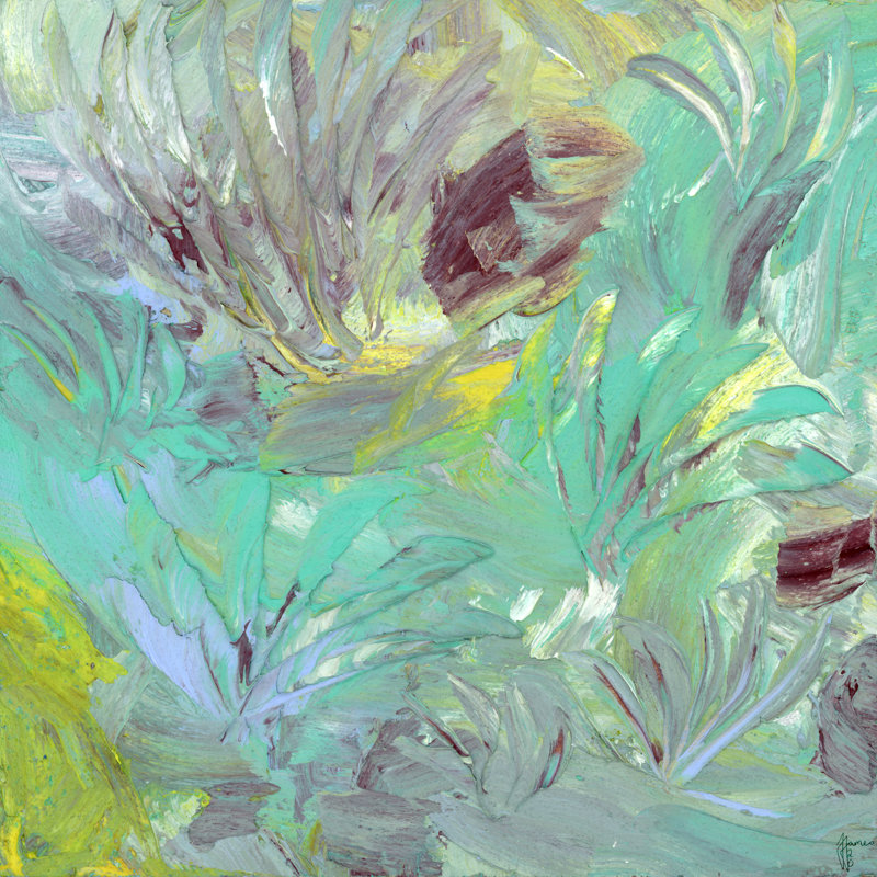 "Birds in the Palms" - Cold wax and oil paint on wood panel by Creatrix Jotter (aka Jenny James)