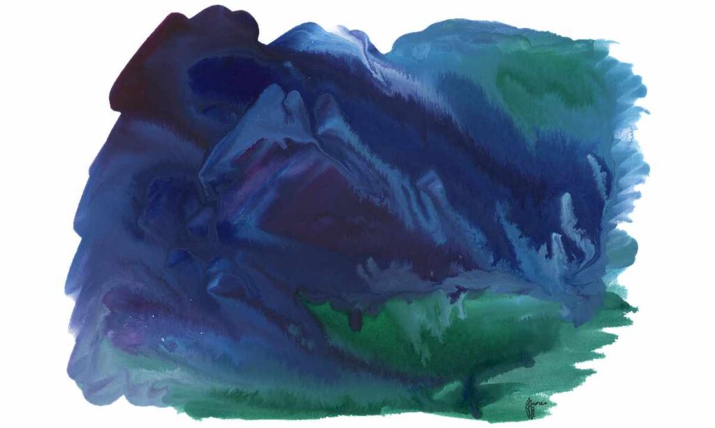 "And the Seas Consumed the Mountains" - Acrylic inks on paper by Creatrix Jotter (aka Jenny James)